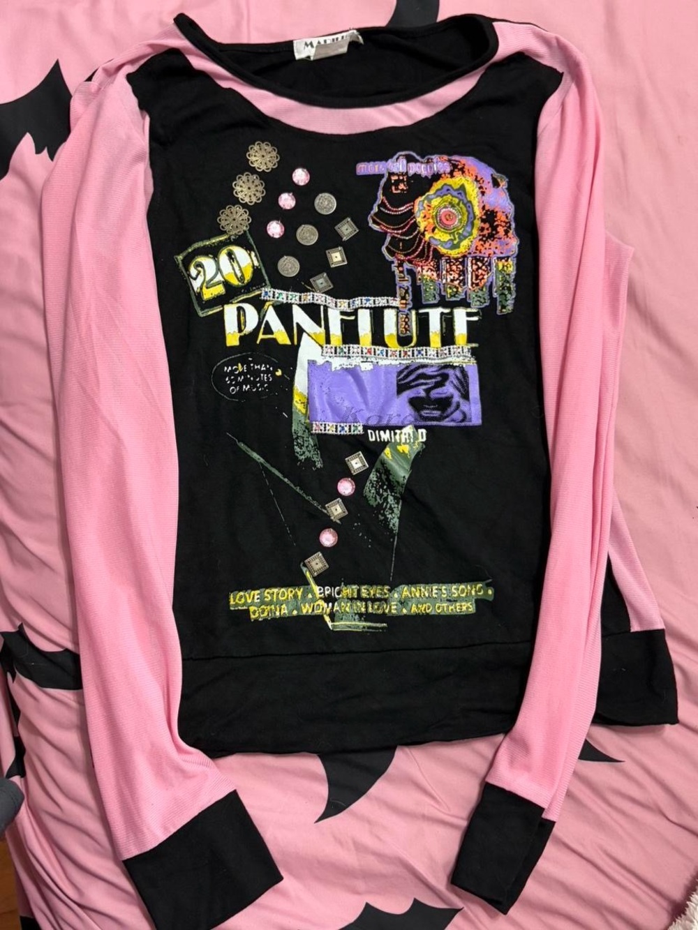 Pink & Black Beaded Graphic Vintage Top With Mesh Long Sleeves